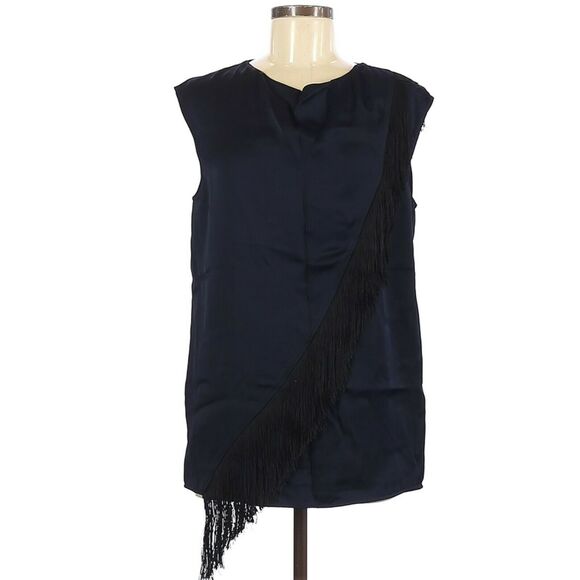 BELSTAFF Lana fringe sleeveless satin blouse top regency blue black Size 42 M 8 - Picture 1 of 8